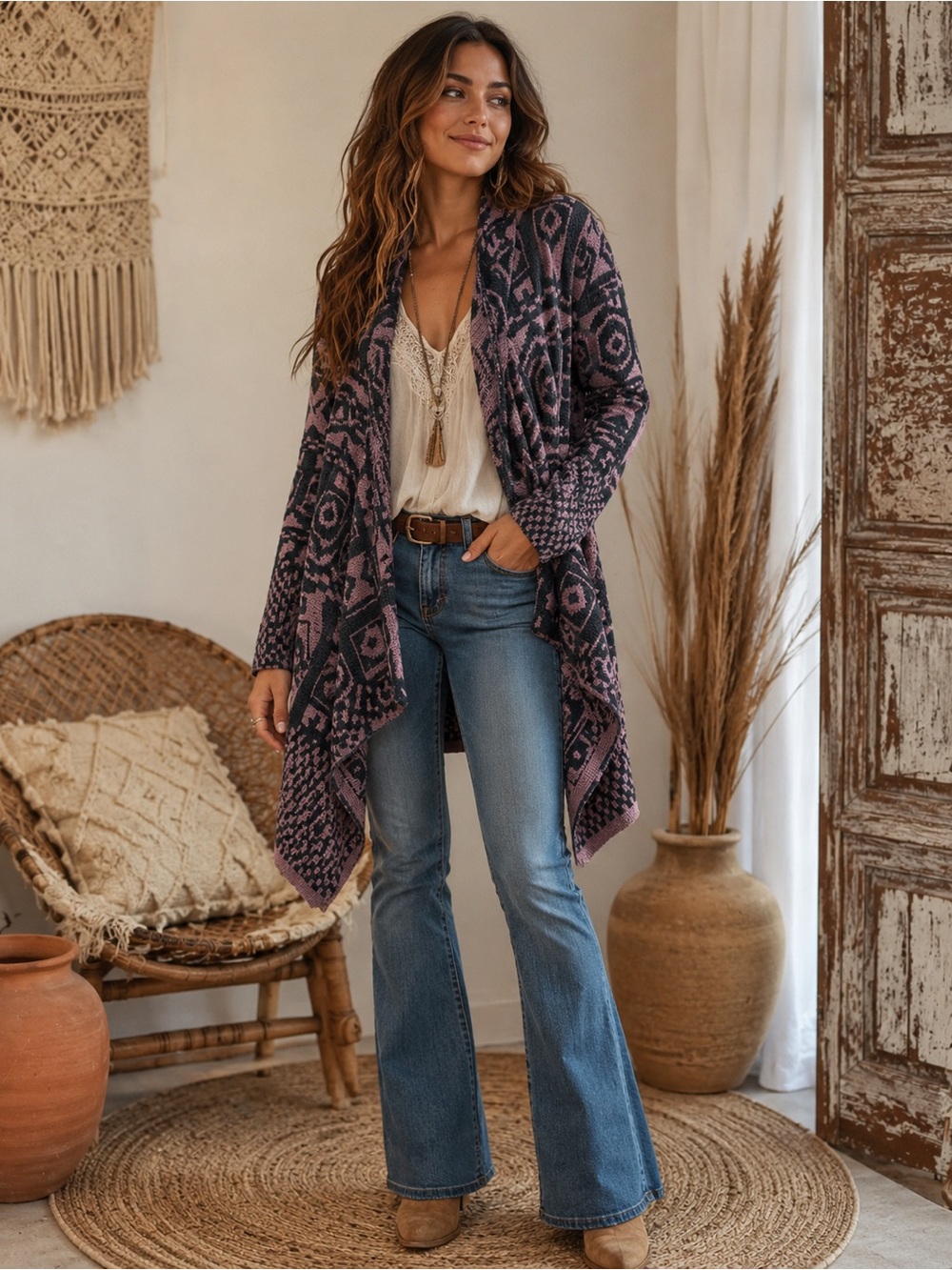 KNOX ROSE size:XL Boho Geometric Open Front Cardigan Black Mauve Aztec Print